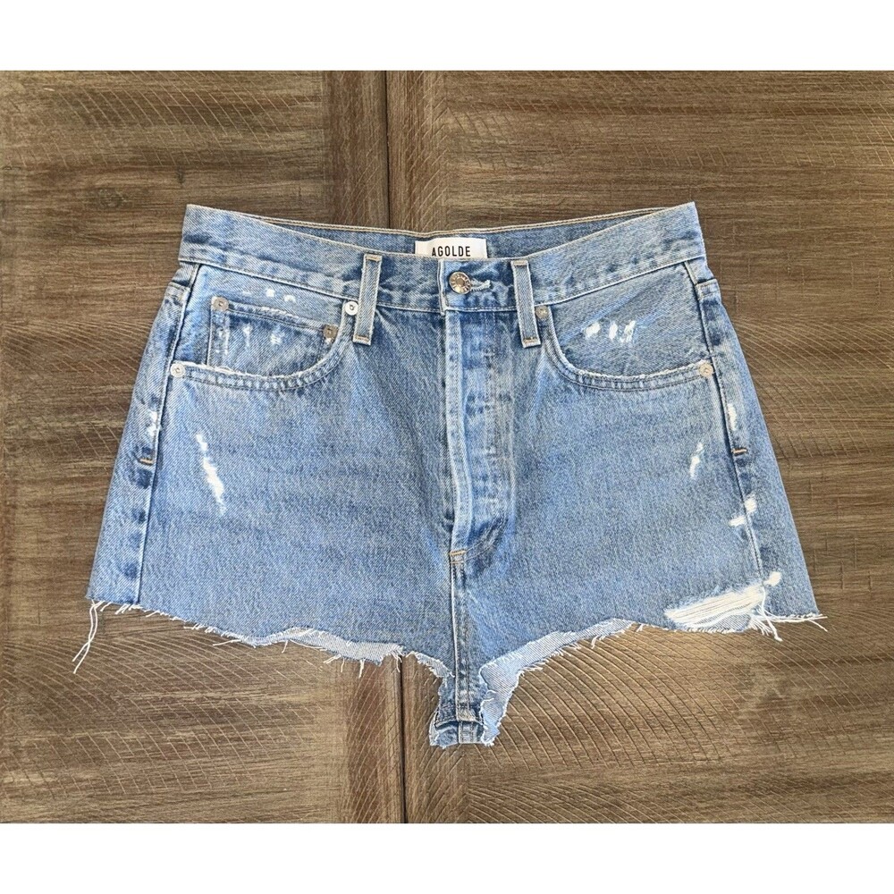 AGOLDE 90’s Jean High Rise Button Fly Denim Cut Offs Shorts Distressed Size 25 - Picture 11 of 11